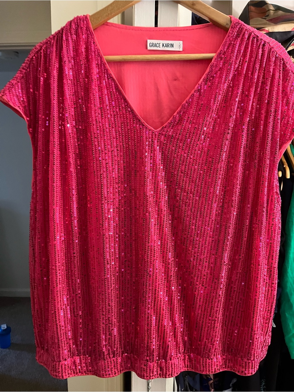 Grace Karin Bright Pink Sequin V-Neck Top
